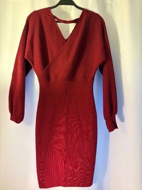 M Collection Burgundy Wrap Front Long Sleeve Knit Dress – NWT
